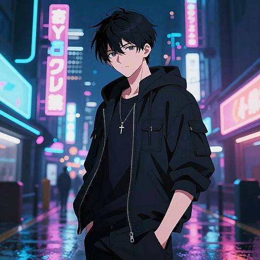 Anime-style digital drawing of a black-haired, handsome young man in a black hoodie and jacket, standing in a neon-lit, rainy urban street at