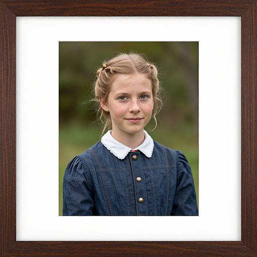 Photograph of a young blonde girl with braided hair, wearing a dark blue denim dress with a white collar, in a framed portrait.