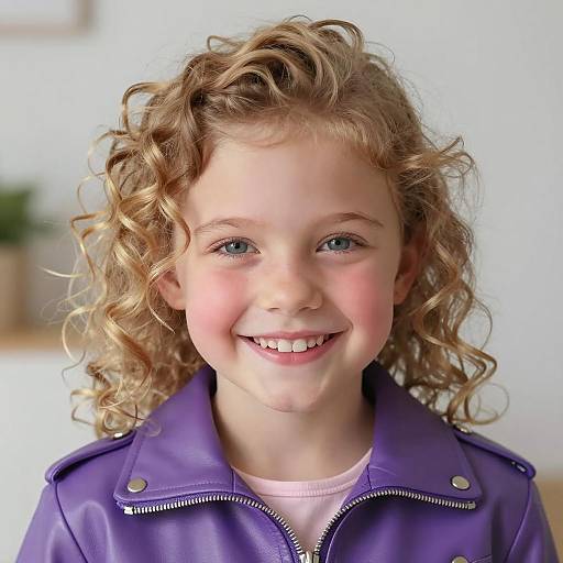 Smiling Young Girl in Purple Leather Jacket