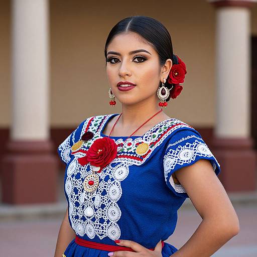 Photograph of an elegant Latina woman with dark hair in a red flower, wearing a blue lace-trimmed dress, red flower brooch, and