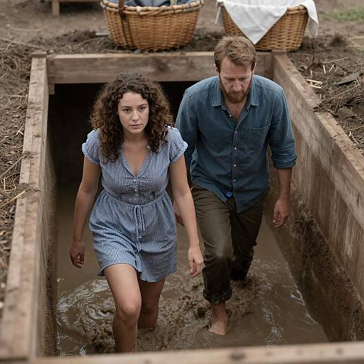 Man and Woman Wading Through Muddy Trench