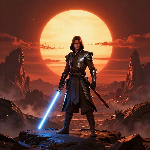 Digital art of a dark-haired warrior in black armor holding a glowing blue lightsaber, standing before a large, fiery orange sun, with jagged mountains