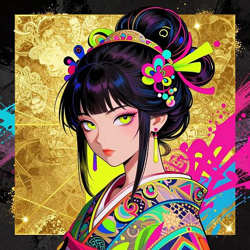 Digital artwork of a Japanese woman with neon yellow eyes, black hair in a bun, colorful floral hairpins, vibrant kimono, golden ornate background