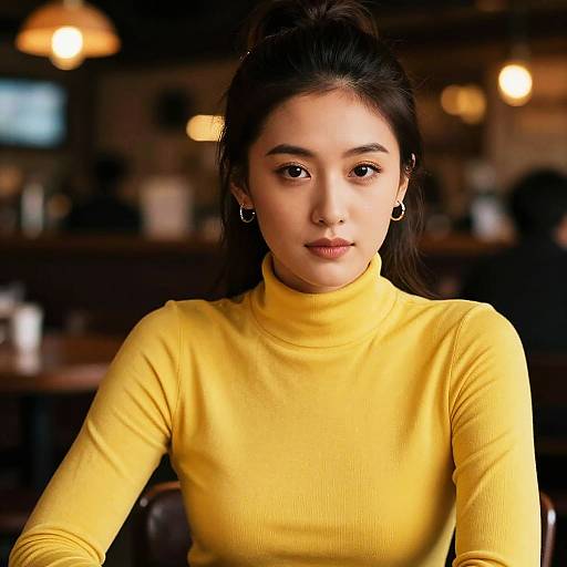 Photograph of an Asian woman with dark hair in a ponytail, wearing a yellow long-sleeve turtleneck, hoop earrings, and sitting
