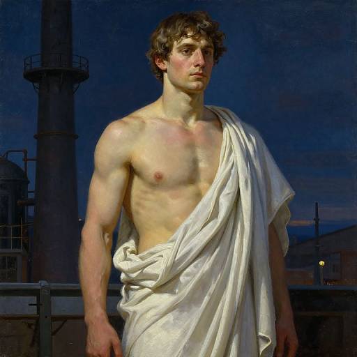 Photorealistic digital painting of a young, muscular, shirtless man with curly brown hair, draped in a white toga, standing against a dark
