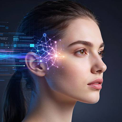 Photograph of a fair-skinned woman with dark hair, facing right, illuminated by a digital neural network pattern on her left cheek. Background is dark