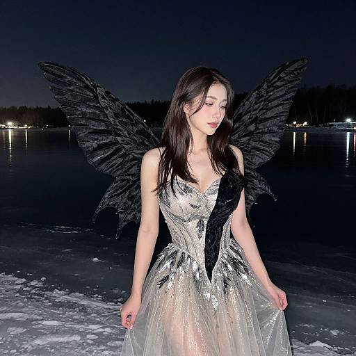 Photograph of an Asian woman with long black hair, wearing a silver dress with black winged back and black wings, standing on a frozen lake at