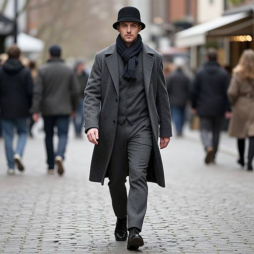 Photograph of a bearded man in a black hat, gray suit, overcoat, and scarf, walking down a cobblestone street with blurred