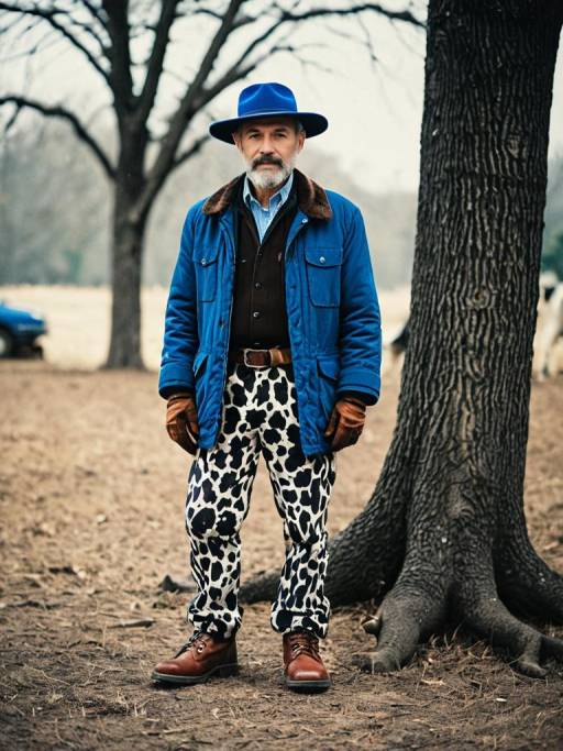 Stylish Older Man in Blue Hat and Cow Print Pants Outdoors
