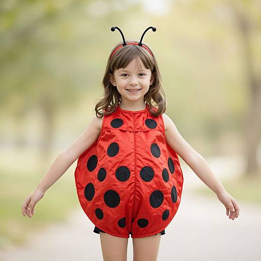 Photograph of a smiling young girl wearing a red Ladybug costume with black polka dots, antennae headband, and black shorts, standing outdoors