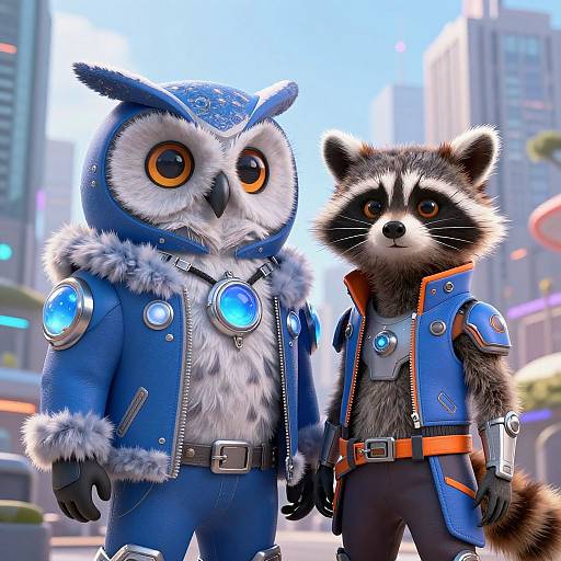 CGI image of anthropomorphic owl and raccoon in blue, fur-trimmed, sci-fi jackets with glowing blue circular emblems, standing in