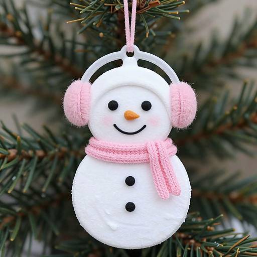 Photograph of a white felt snowman ornament with pink earmuffs and scarf, black buttons, and orange nose, hanging from a pink string on a