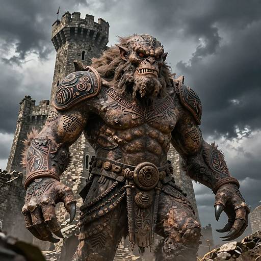 Photorealistic CGI of a fierce, muscular, armored werewolf with sharp teeth and claws, standing before a medieval castle tower under a stormy sky