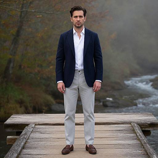 Photograph of a man in a navy blazer, white shirt, beige pants, and brown shoes standing on a wooden bridge in a misty forest
