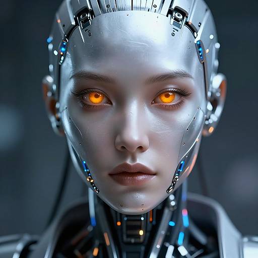 CGI image of a silver-faced, glowing-orange-eyed, robotic human woman with intricate circuitry on her head, set against a dark, blurred background