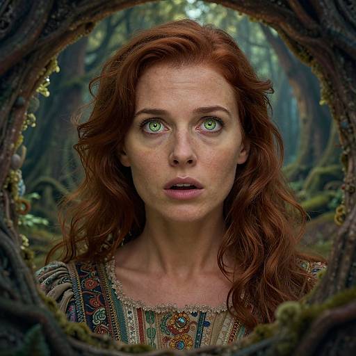 Photograph-style CGI of a red-haired woman with green eyes, wearing a patterned top, framed by a mossy tree hollow in a dense forest
