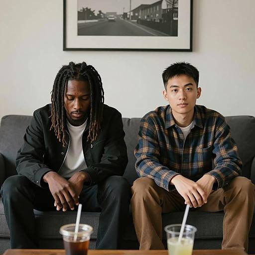 Two Men Sitting on Couch with Drinks