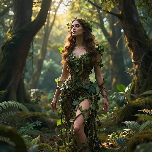 Photorealistic CGI of a beautiful woman with long brown hair, wearing a leaf and vine dress, standing in a sunlit, dense forest. She