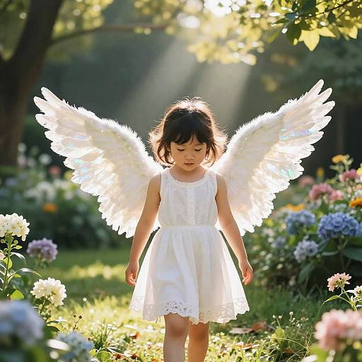 Photograph of an Asian girl with short black hair, wearing a white dress and glowing white angel wings, standing in a sunlit garden filled with colorful