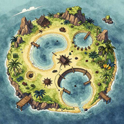 Colorful, detailed, overhead illustration of a tiny tropical island with sandy beaches, two blue lagoons, palm trees, wooden huts, rocky