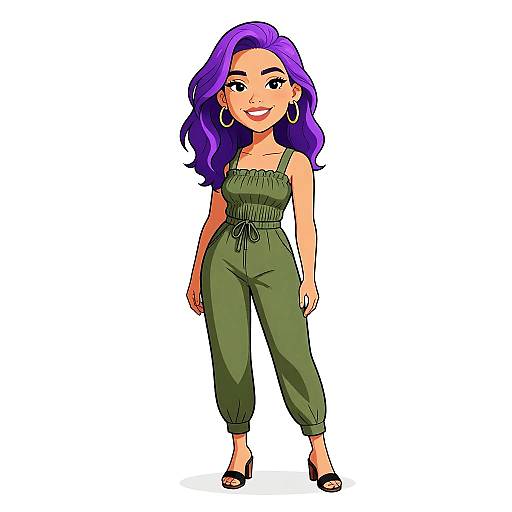 Cartoon-style drawing of a smiling woman with vibrant purple hair, wearing a green romper and black heels, standing against a white background.