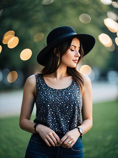 Woman in Wide-Brimmed Black Hat and Sleeveless Top
