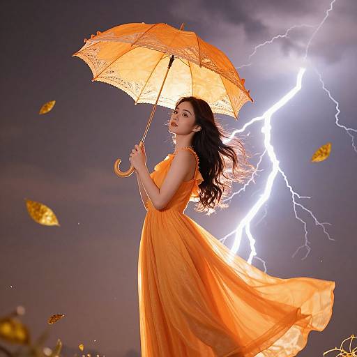 Photograph of a woman with long dark hair in an orange dress holding an orange lace umbrella, standing amidst falling leaves, with a bright lightning bolt in