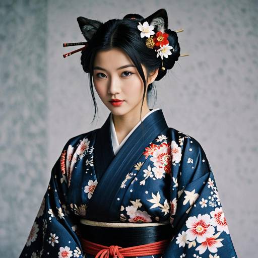 Japanese Woman in Floral Kimono with Traditional Hair Accessories