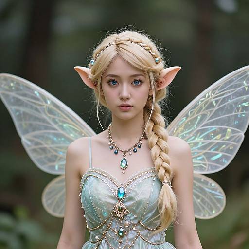 Digital art of a young blonde fairy with long braid, pointed ears, translucent wings, and blue gem-encrusted dress, set in a