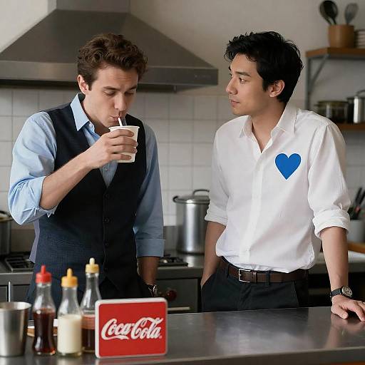 Two Men in Kitchen with Coca-Cola Sign