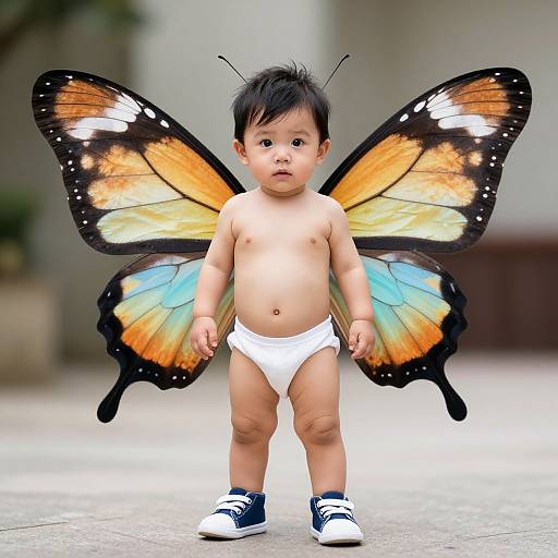 Photograph of an Asian baby with black hair, wearing a white diaper and blue sneakers, standing with large, colorful butterfly wings.