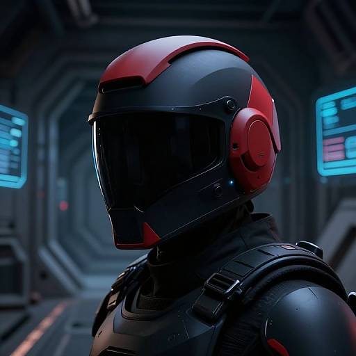 CGI image of a futuristic astronaut with a red and black helmet, dark visor, and armored suit in a dimly lit, high-tech corridor