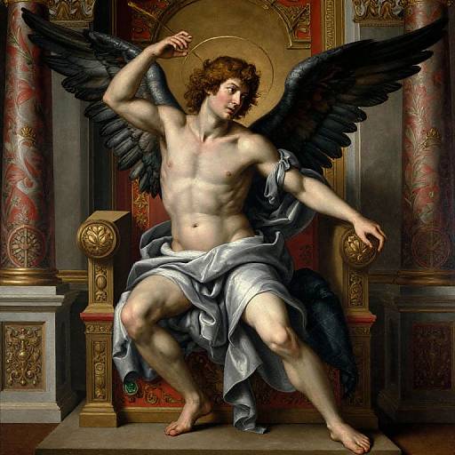 Digital painting of a muscular, shirtless angel with black wings, curly brown hair, and a white cloth, seated on an ornate throne.