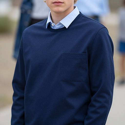 Photograph of a young man with light skin, wearing a dark navy sweater with a white collared shirt and a patterned tie, standing outdoors with