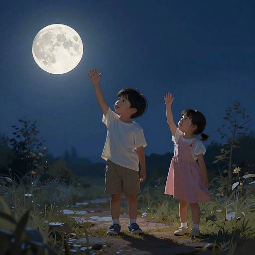 Children Waving Under Moonlit Night
