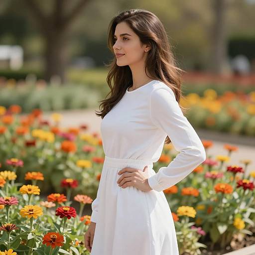 Young Woman in White Dress Standing in Flower Garden