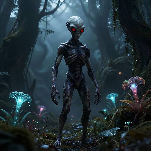Alien in Bioluminescent Futuristic Forest