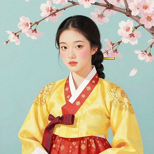 Digital illustration of an East Asian woman with long black hair, wearing a yellow traditional Korean hanbok with red accents, standing against a light blue background