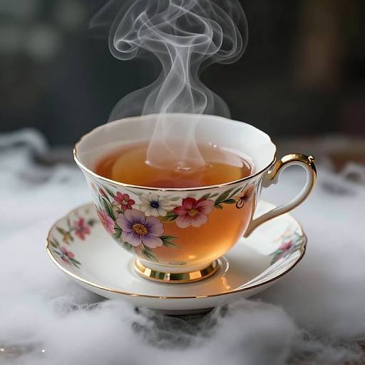 Photograph of a floral-patterned teacup with gold trim, steaming hot tea, on a matching saucer, surrounded by mist. Dark