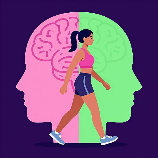 Digital illustration of a fit woman with dark hair in a ponytail, wearing a pink sports bra and blue shorts, walking past a split, pink and