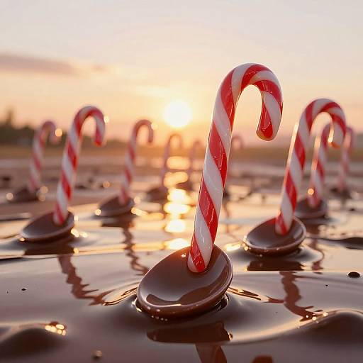 Photograph of red and white striped candy canes, each standing on a chocolate puddle, with a sunset in the background.