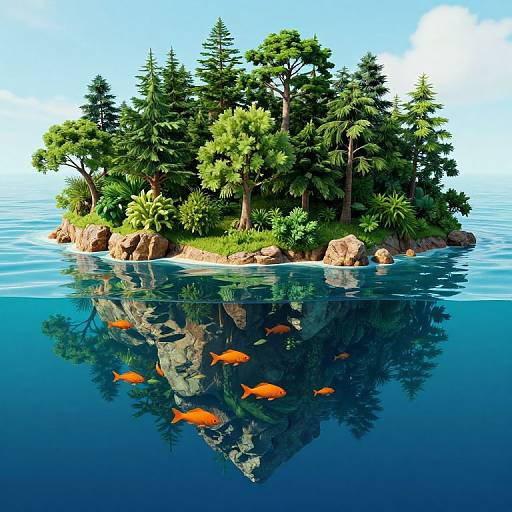 Photorealistic digital image of a small, lush island with green trees, surrounded by calm blue water, reflecting the island and orange fish swimming below the