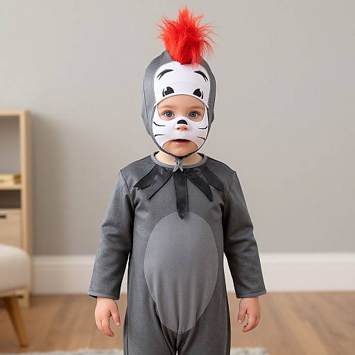 Photograph of a toddler wearing a grey onesie and white mask with black whiskers, red pom-pom headpiece, standing in a minimalist room