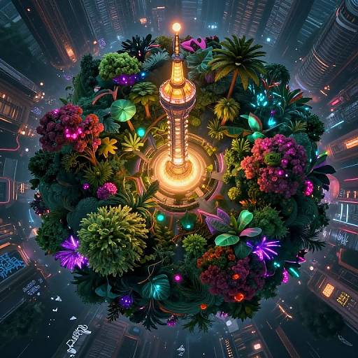 Intricate Spherical Forest with Neon Tower