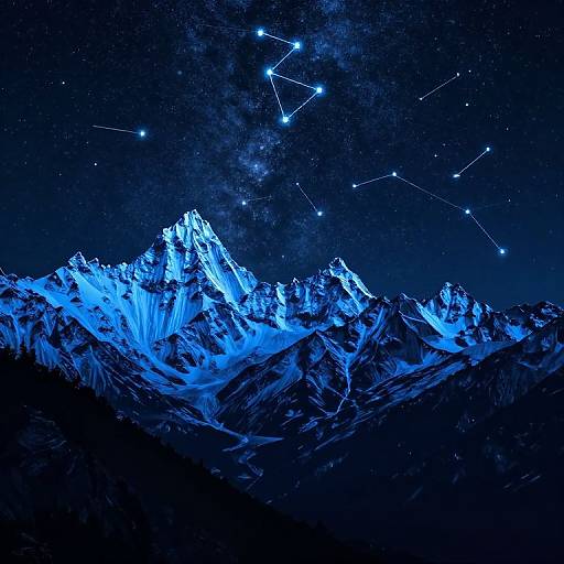 Photograph of a starry night sky over glowing blue-illuminated snow-covered mountain peaks, showcasing the constellation Orion with visible stars.