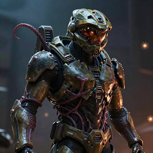 CGI image of a futuristic, armored soldier with a glowing red visor and purple, tentacle-like appendages emerging from his back, set in