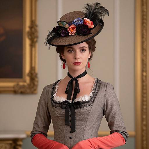 Edwardian woman in vintage gray dress, red gloves, black feathered hat with colorful roses, red earrings, standing in ornate room. Photograph.