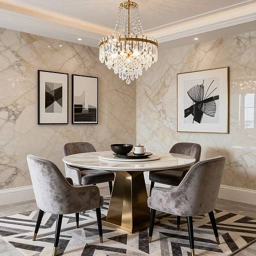 Modern dining room with grey velvet chairs, white marble table, black and gold base, crystal chandelier, marble walls, black and white abstract art,