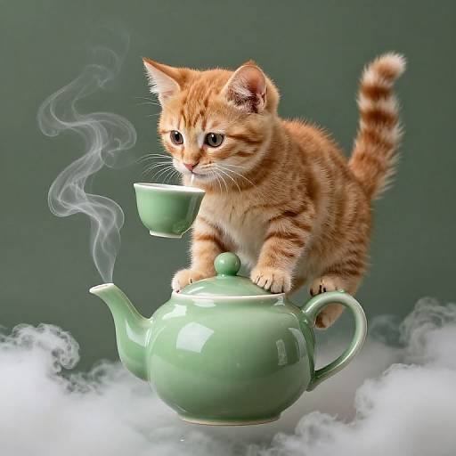 Adorable orange tabby kitten with black stripes, standing on a green ceramic teapot, drinking from a matching teacup with steam rising, against