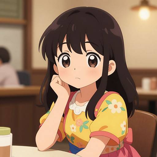 Anime-style digital drawing of a shy, young girl with black hair, large brown eyes, and a yellow floral dress, resting her cheek on her hand